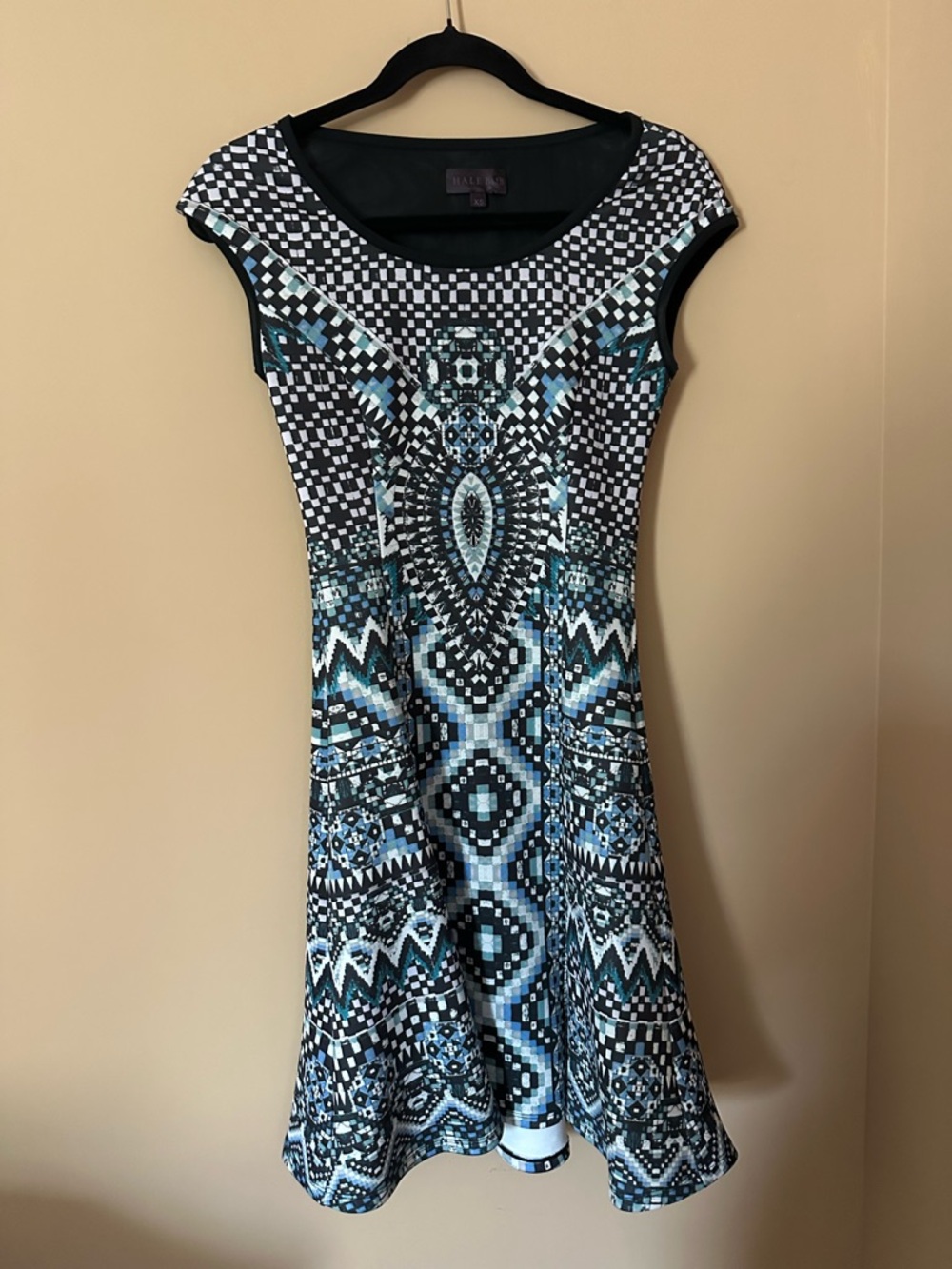 Hale Bob Black and Blue Geo-Print Midi Dress